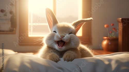Blissful bed scene rabbit smiles.