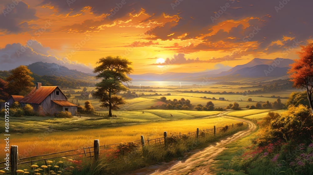 The golden fields sway under the gentle breeze, while tiny cottages nestle among green meadows, painting a picture of serenity and tranquility in the glow of sunset.