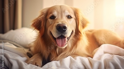 Smiling dog nestled in a comfortable bed.