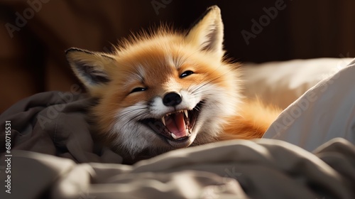 Smiling fox cub in a bed. photo