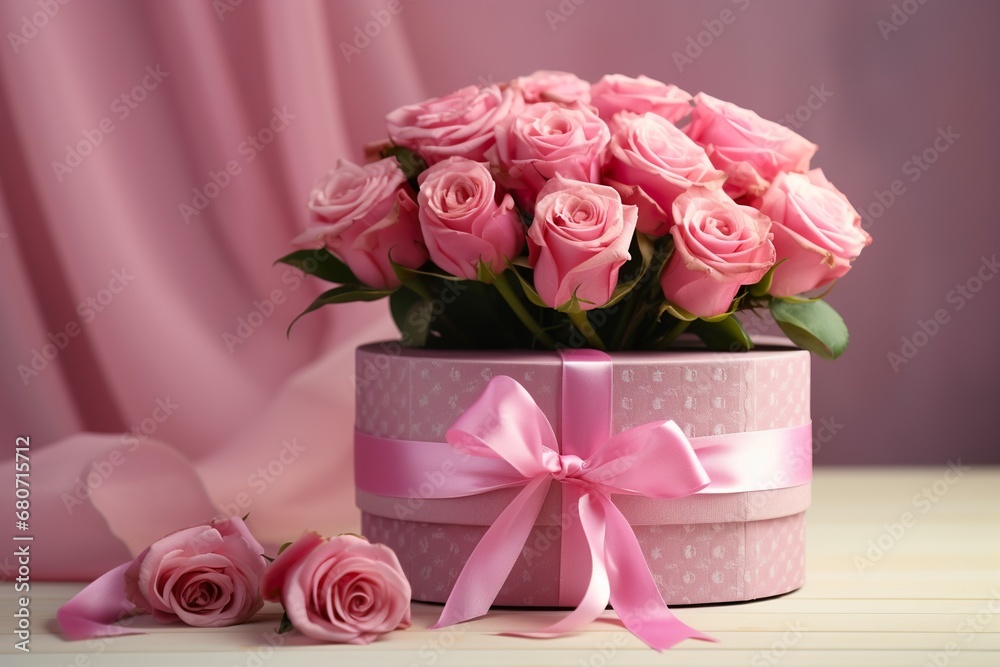Vibrant pink roses surrounding an elegant pink gift box