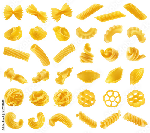 set of uncooked Italian Pasta, isolated on white background, full depth of field photo