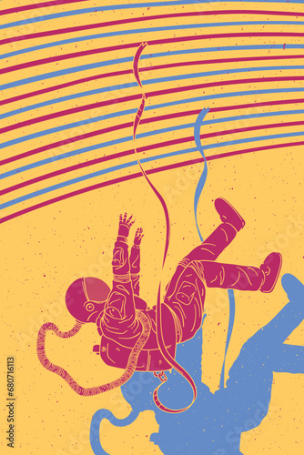 Falling astronaut. Cosmonaut abstract retro poster. Man alone in space