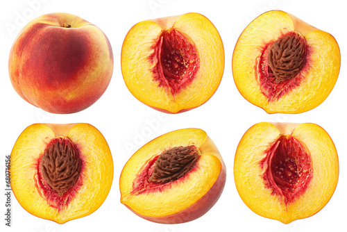 Peach half isolated on white background, full depth of field