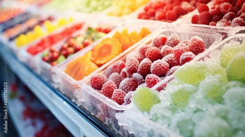 Frozen fruit and berry showcase supermarket grocery market wallpaper background photo