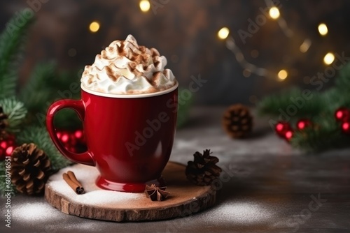 Christmas red cup of coffee or cocoa with marshmallows. Xmas holiday. Traditional warming dessert for cold winter.