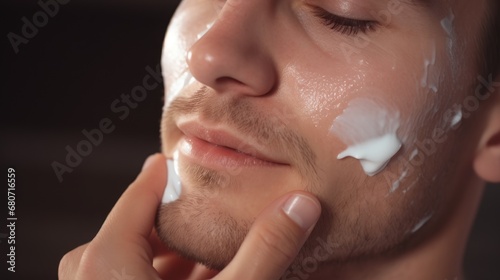 Handsome man taking care of face skin after shaving wallpaper background
 photo
