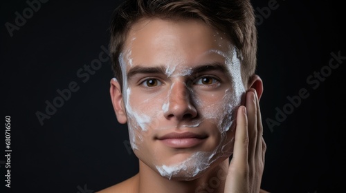 Handsome man taking care of face skin after shaving wallpaper background 