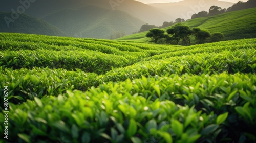 Farm tea plant field leaf plantation close up wallpaper background © Irina