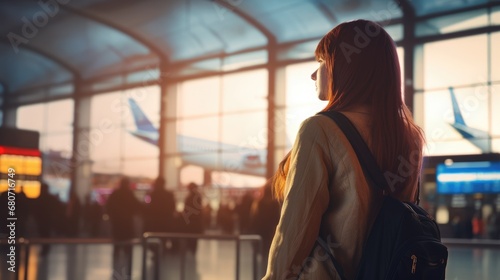Young girl woman travel walking in international airport terminal wallpaper background  © Irina