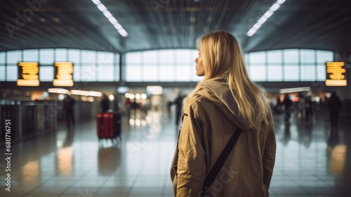 Young girl woman travel walking in international airport terminal wallpaper background 