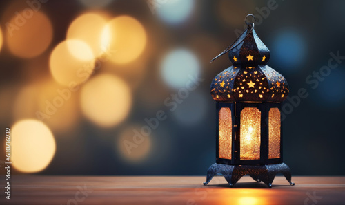 Ramadan Kareem Eid Mubarak with traditional Arabic lantern blurred lights