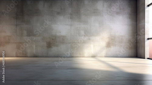 Modern loft wall background grey floor and light from window. Empty room with a concrete floor and soft light from the window on the right. © Helen-HD