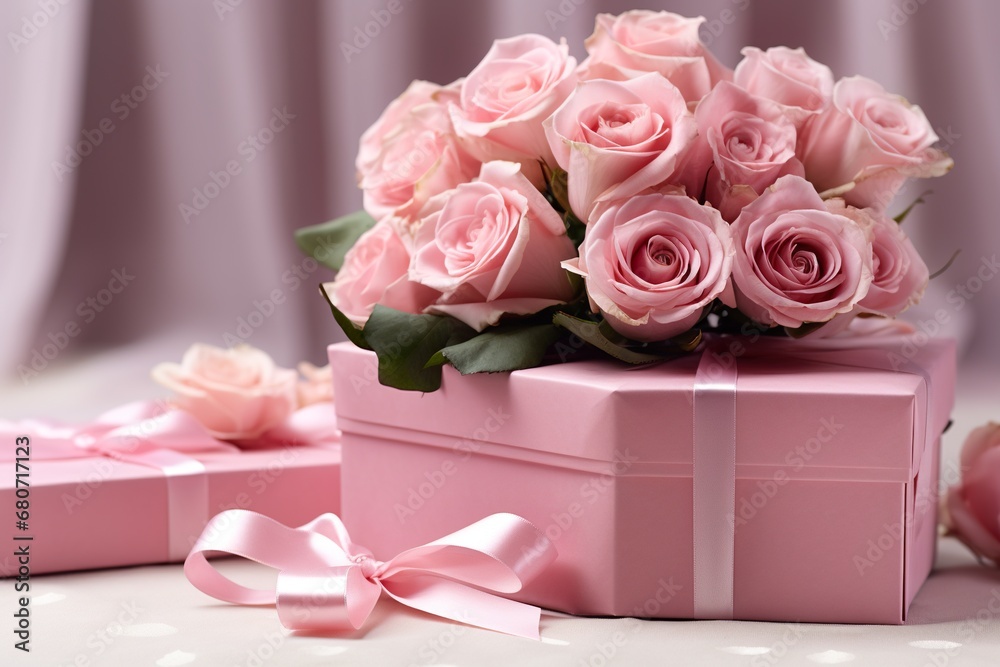 Vibrant pink roses surrounding an elegant pink gift box Vibrant pink roses surrounding an elegant pink gift box