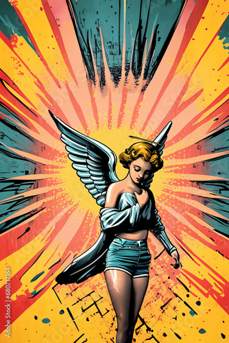 Ange féminin avec une coiffure de Pin Up et des ailes dans le dos, habillée de façon sexy avec un mini short en jean et des bas noirs. Illustration vectorielle dans un style bande dessinée pop art. photo