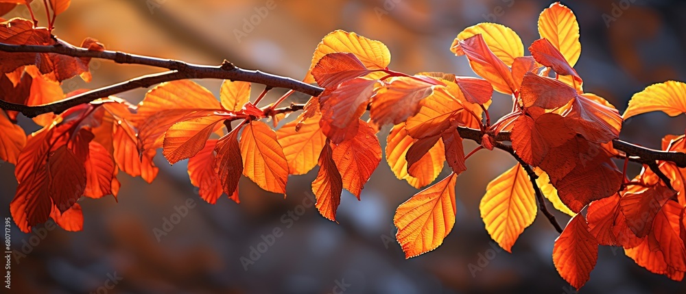 close up orange leaves branch with sunlight and bokeh, peaceful Autumn and fall season foliage wallpaper background, Generative Ai
