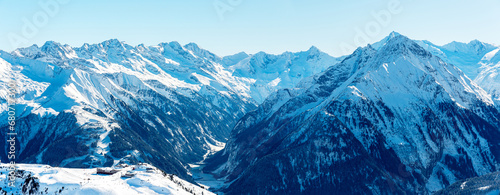View into the Zillertal valley with the Penken ski resort in the foreground and the mountain panorama in the background, Mayrhofen, Austria