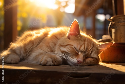a cat sleeping on a wooden stool anamorphic lens flare rural life depictions emotive faces © IgnacioJulian