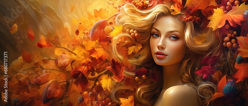 painting illustration of pretty woman with leaves and berry autumn foliage, Generative Ai