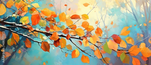 illustration of orange leaves branch with sunlight and bokeh  peaceful Autumn and fall season foliage wallpaper background  Generative Ai