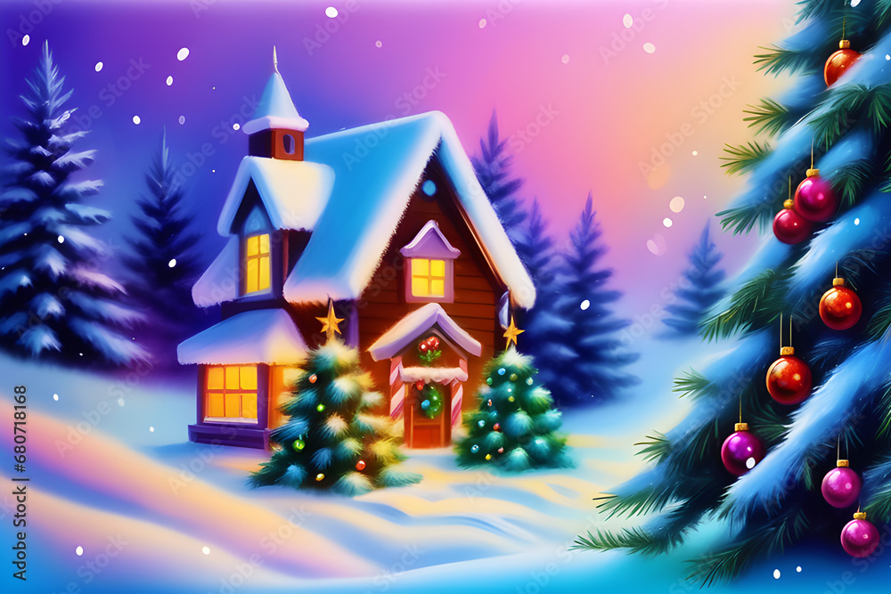 christmas tree with snow realistic vivid colors decoration generative ai