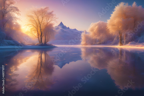 a winterlandscape wonderland serenity golden hour lakeside generative ai