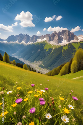 an idyllic mountain landscape in the alps with blooming meadows in springtime generative ai