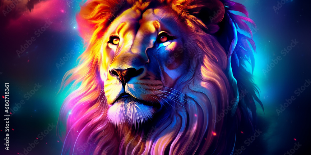 A lion with a rainbow mane and blue eyes, AI Generative.
