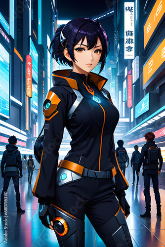 create a tech savvy main character for an anime cartoon style series generative ai