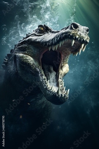 a crocodile swimming underwater with its mouth open