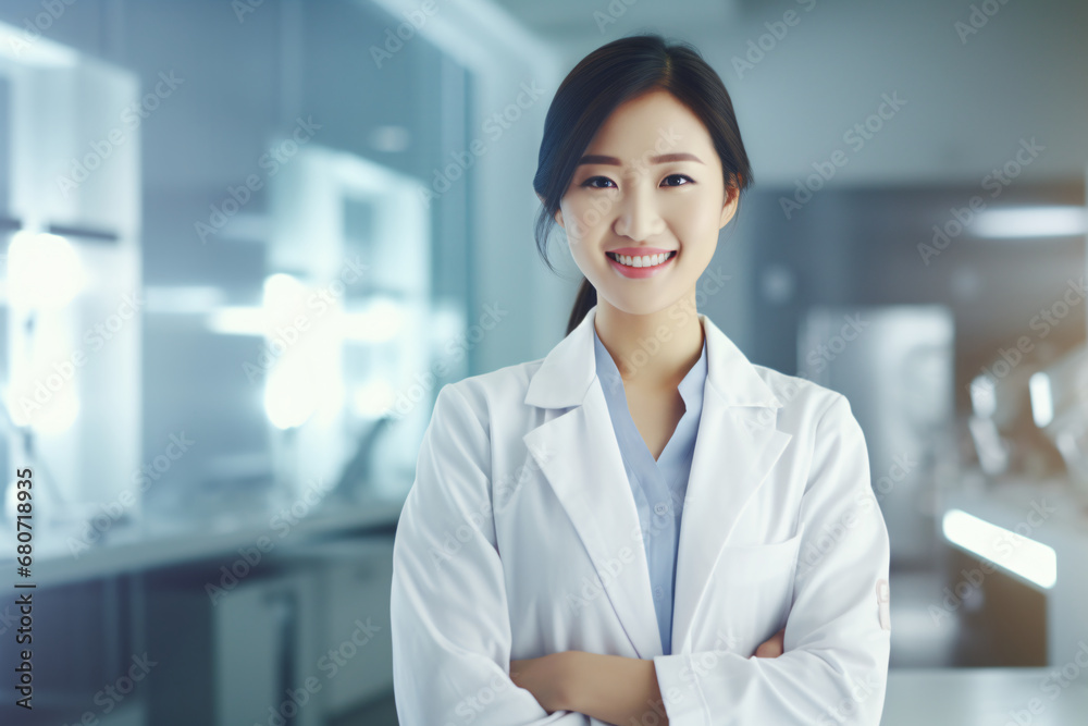Portrait of an Asian female scientist, lab assistant, chemist, or biologist in the workplace
