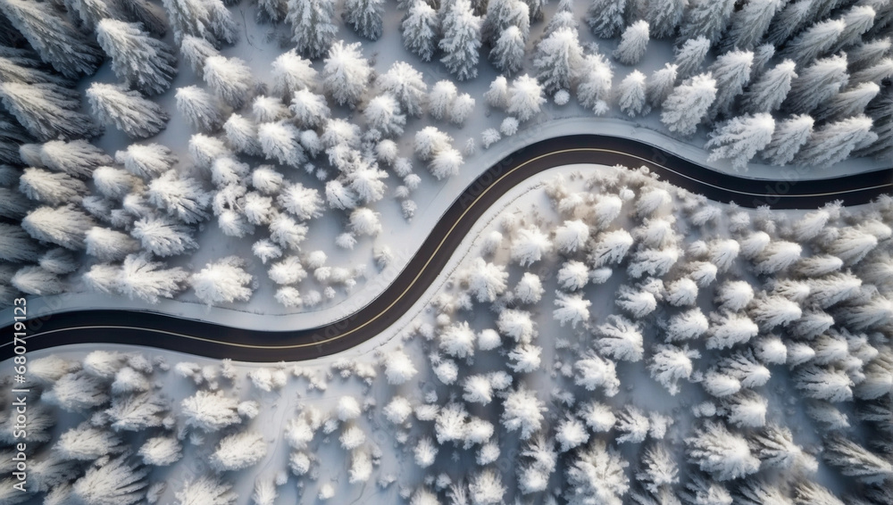 top view of a winding road in the middle of a snowy pine forest