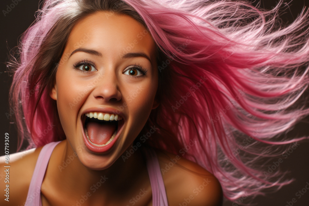 Enthusiastic young girl with pink hair, looking fun and dynamic. Enthusiastic young girl with pink hair, looking fun and dynamic.