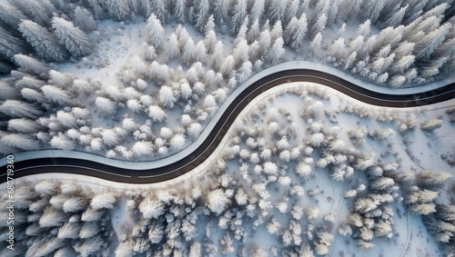 top view of a winding road in the middle of a snowy pine forest © adynue