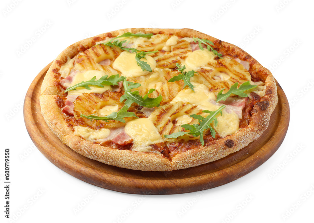 Delicious pineapple pizza with arugula isolated on white