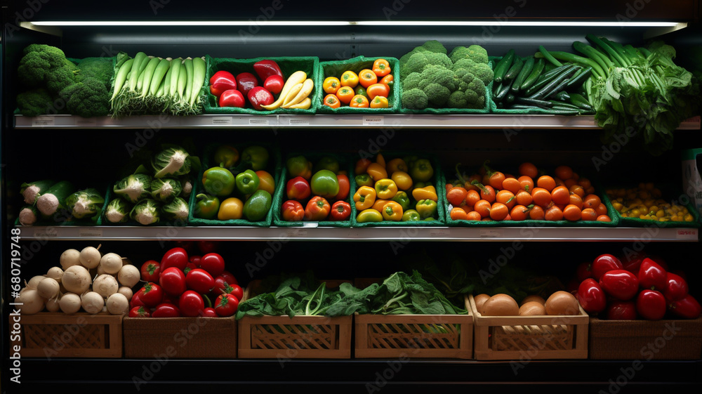 Grocery shelves in bio supermarket with fresh green vegetables and fruit - obrazy, fototapety, plakaty 