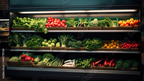 Grocery shelves in bio supermarket with fresh green vegetables and fruit