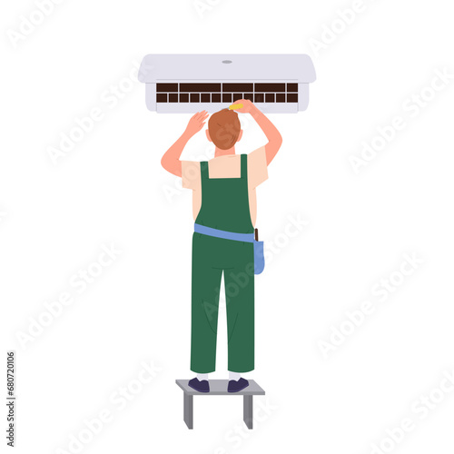 Repairman checking air conditioner, fixing or installing spare part with wrench standing on ladder