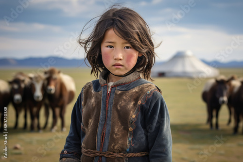 A Mongolian little girl in traditional clothing, standing proudly on the vast Mongolian steppe, with yurts in the distance and herds of livestock © Artofinnovation