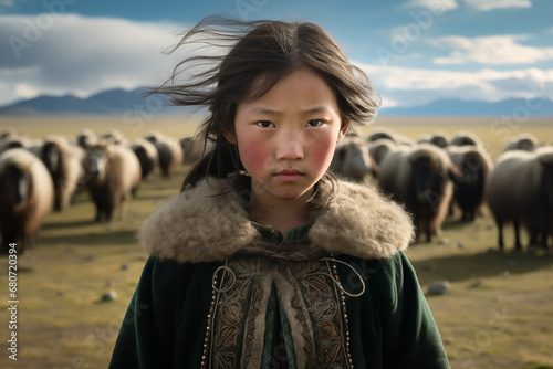 A Mongolian little girl in traditional clothing, standing proudly on the vast Mongolian steppe, with yurts in the distance and herds of livestock photo