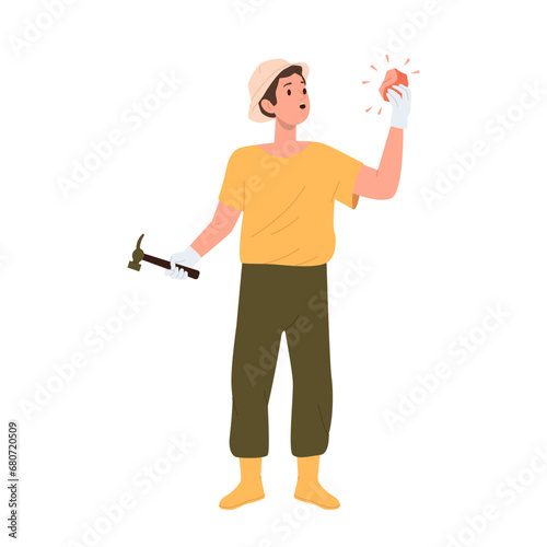 Young excited man geologist cartoon character excavating mineral resource isolated on white