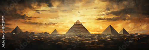 Egyptian Pyramids, ink splatter style, desert colors with pops of gold