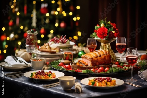 Christmas festive family dinner served different dishes and salads  many snacks  sparkling wine and glasses. New Year s decoration with Xmas tree on background.