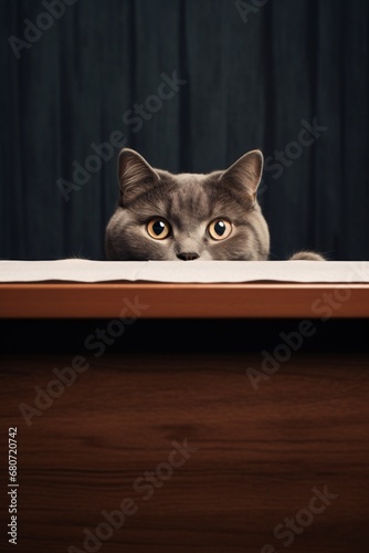 a gray cat peeping out at the table, minimal retouching, flickr, schlieren photo