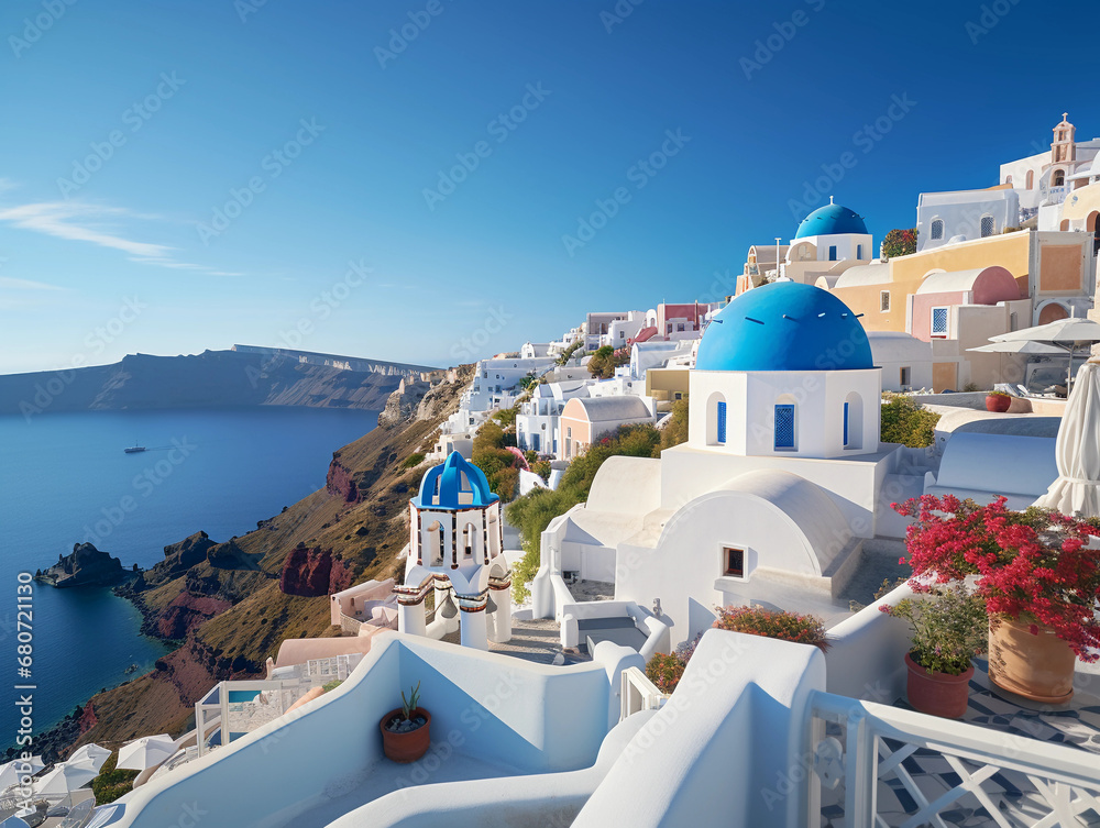 Santorini, Greece, iconic white buildings, deep blue sky - obrazy, fototapety, plakaty 