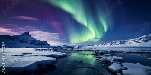 Northern Lights over the Icelandic landscape, snow-covered foreground, vibrant green and purple sky