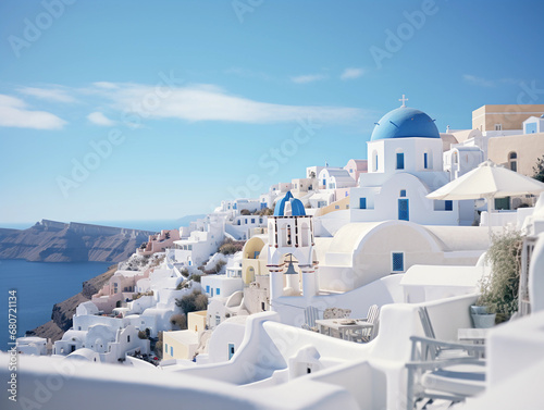 Santorini, Greece, iconic white buildings, deep blue sky