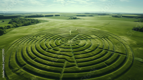 Aerial drone view of large crop circles in grain or grass field, concept of aliens and extraterrestrials