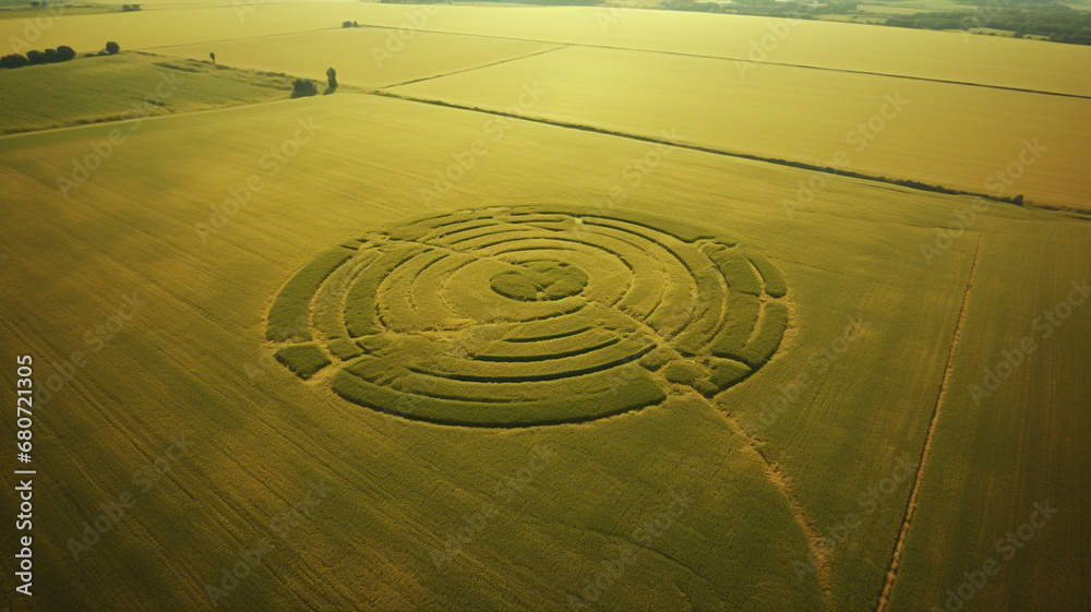 Aerial drone view of large crop circles in grain or grass field, concept of aliens and extraterrestrials