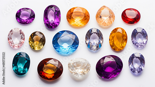 Set of beautiful gemstones on white background, AI Generative.
